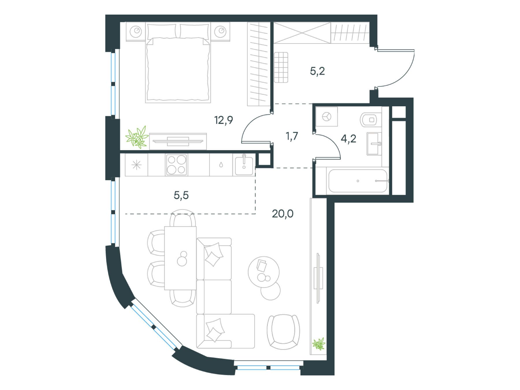 Планировка: 2-комн. квартира 49.50 м² в новостройке Левел Нижегородская