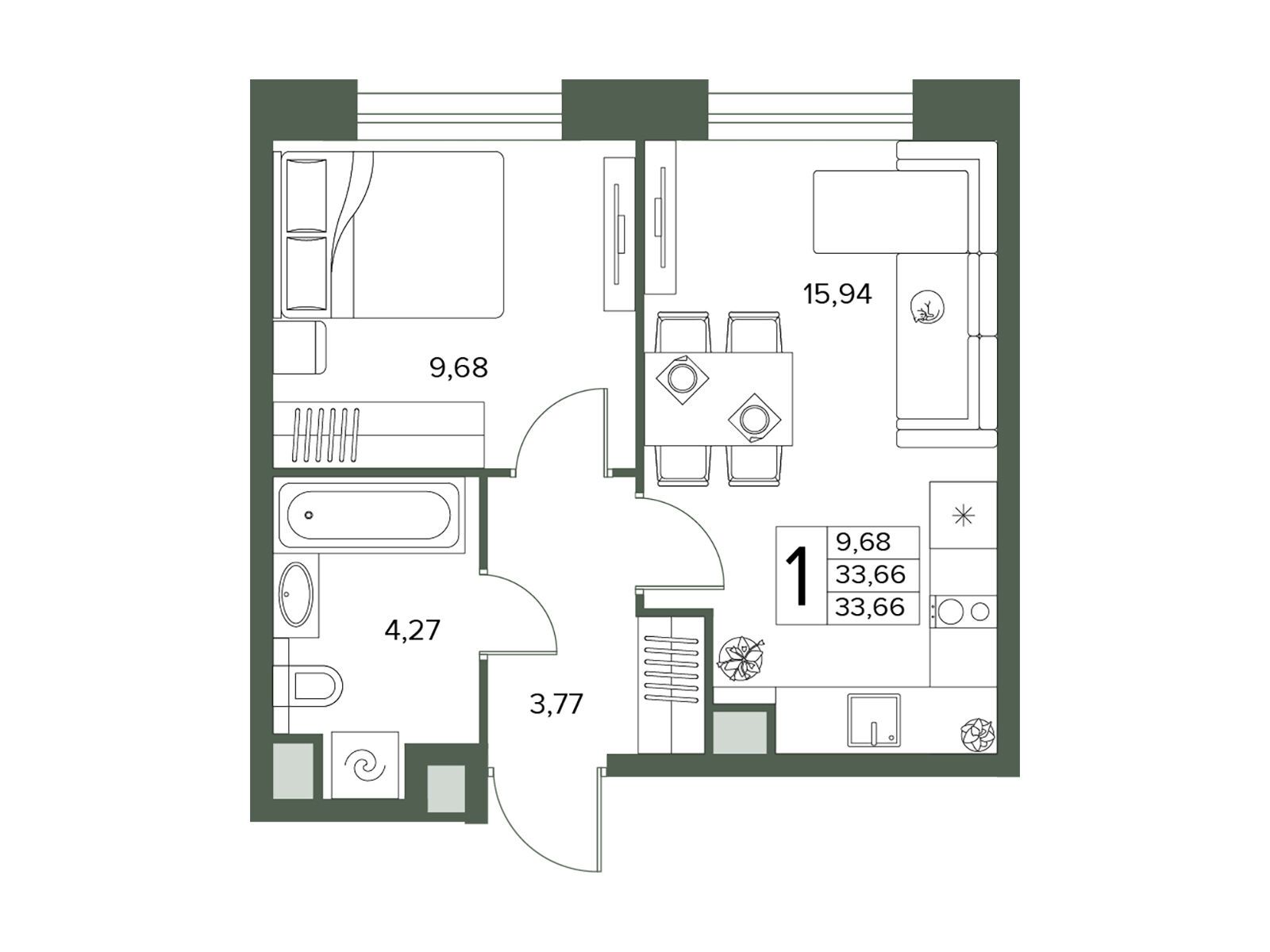 Планировка: 1-комн. квартира 33.66 м² в новостройке Городской бор