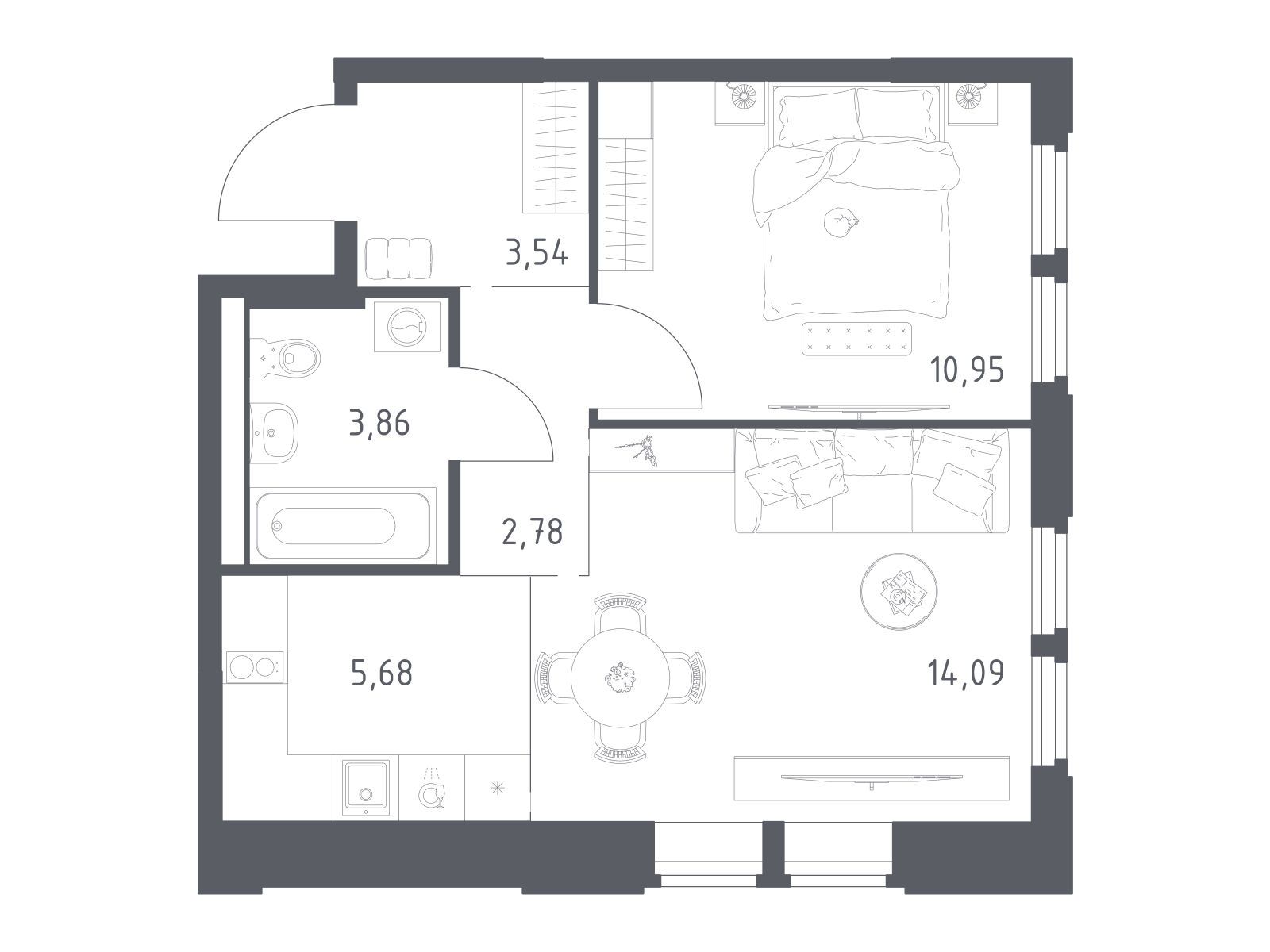 Планировка: 1-комн. квартира 40.90 м² в новостройке Космический квартал
