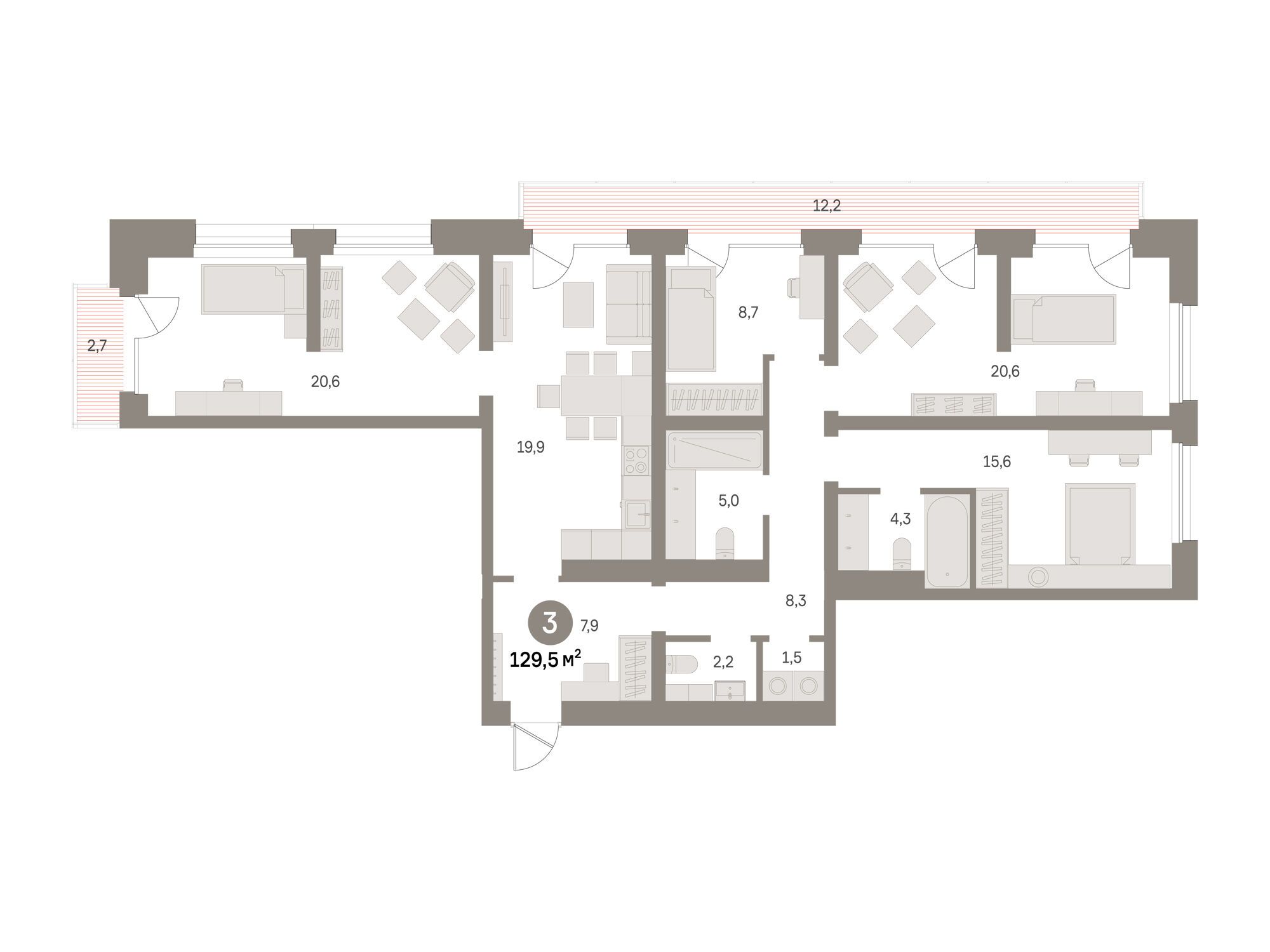 Планировка: 3-комн. квартира 129.50 м² в новостройке Издание
