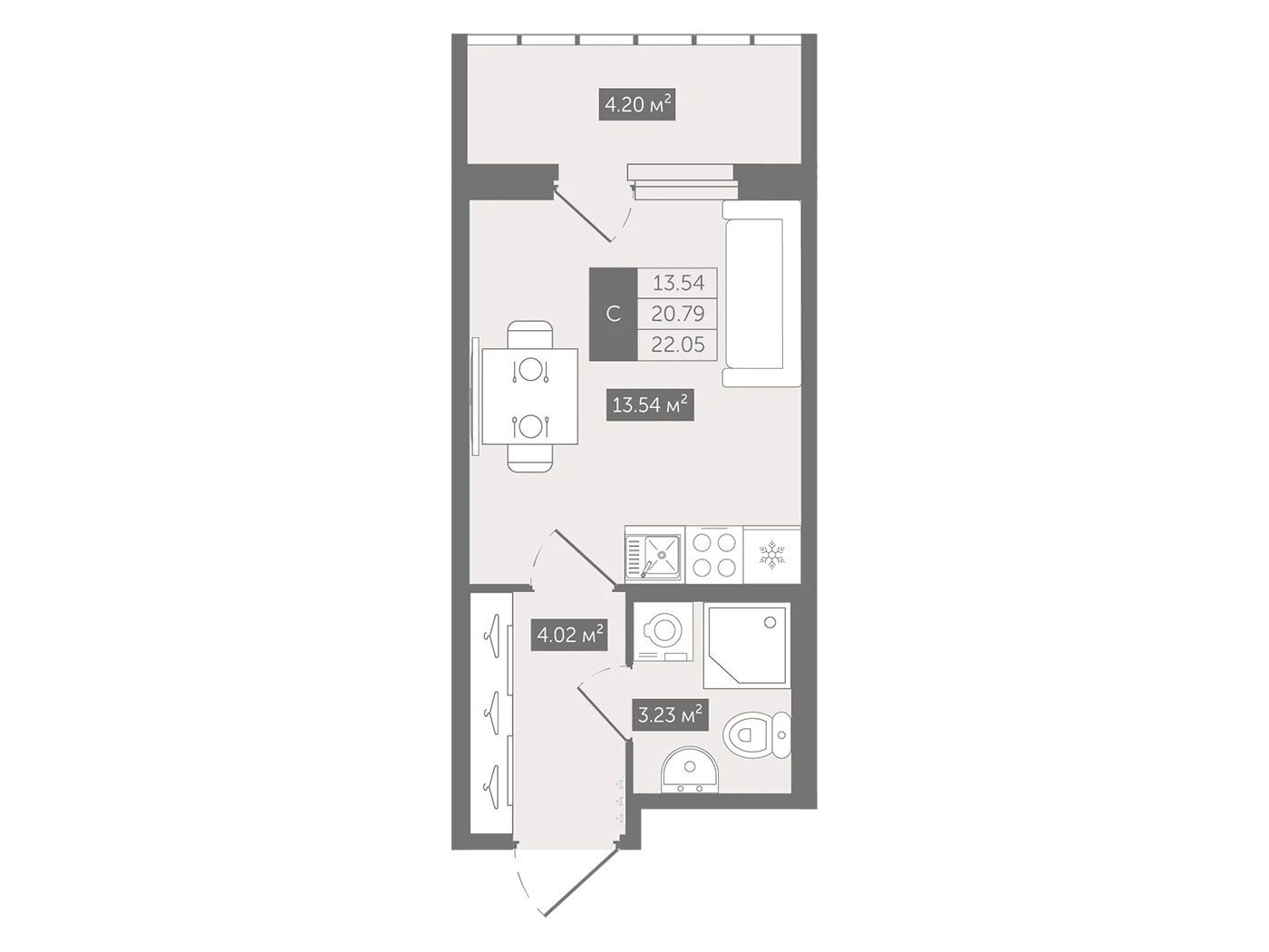 Планировка: Студия 22.05 м² в новостройке Квартал Воронцовский