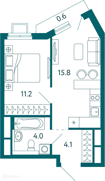 Планировка: 1-комн. квартира 35.70 м² в новостройке Дом у моря