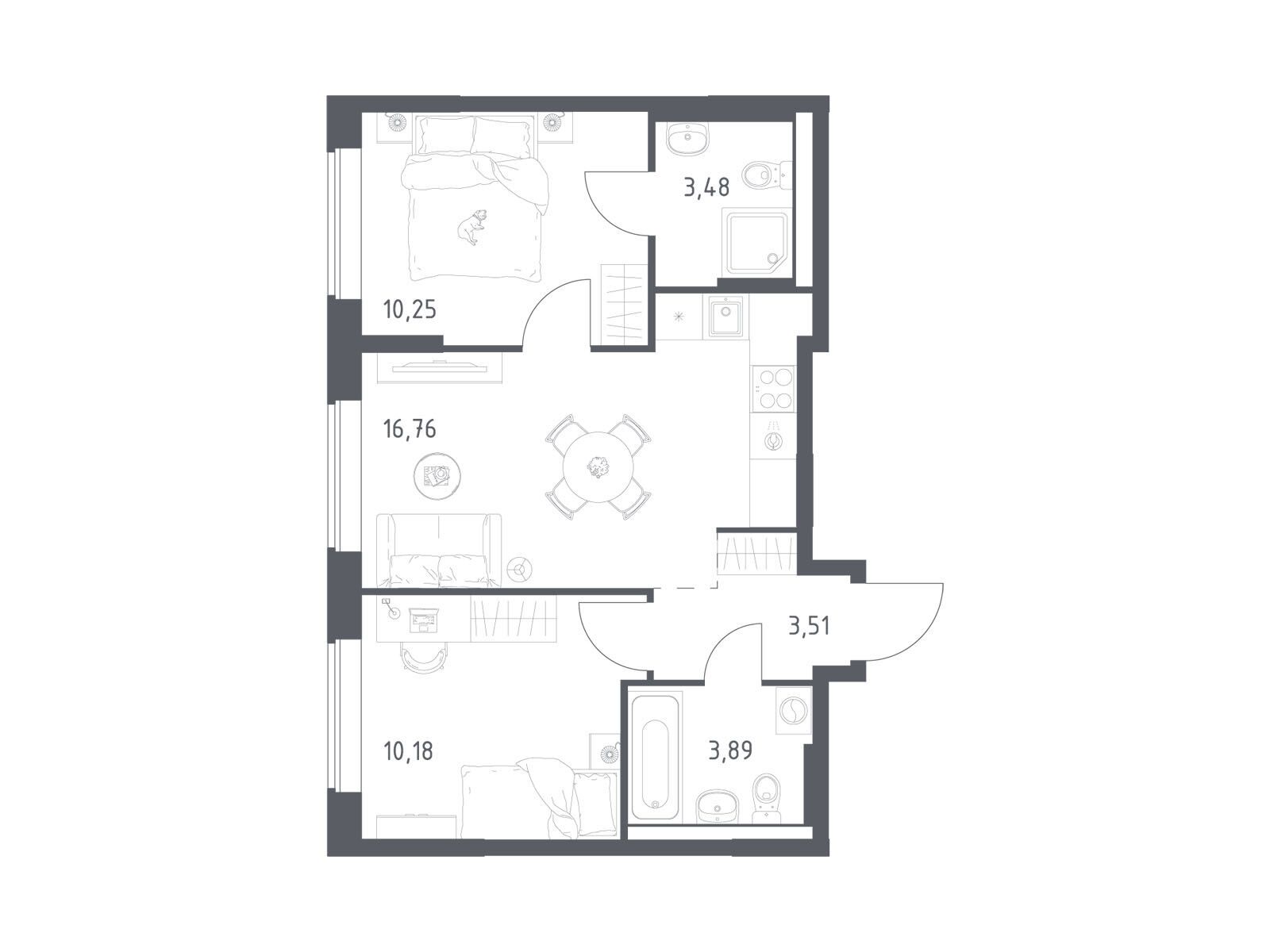 Планировка: 2-комн. квартира 48.07 м² в новостройке Большое Юрлово