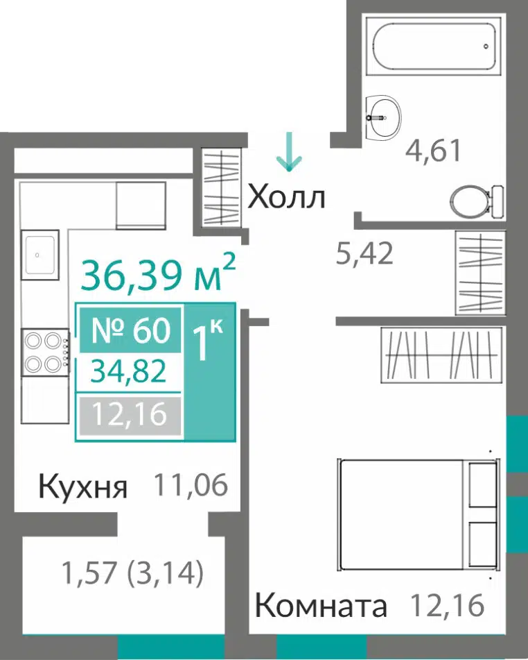 Планировка: 1-комн. квартира 34.82 м² в новостройке Горизонты-2