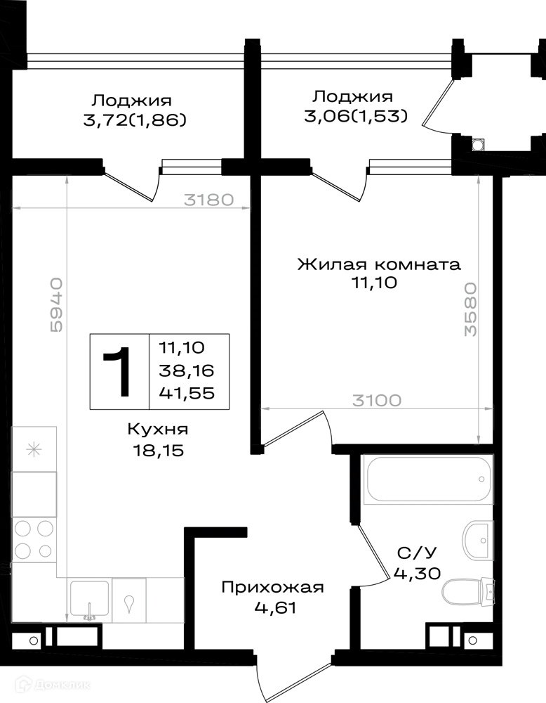 Планировка: 1-комн. квартира 41.55 м² в новостройке Южно-Н