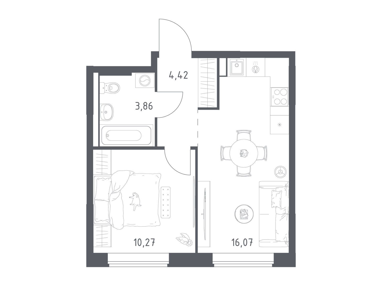 Планировка: 1-комн. квартира 34.62 м² в новостройке Большое Юрлово