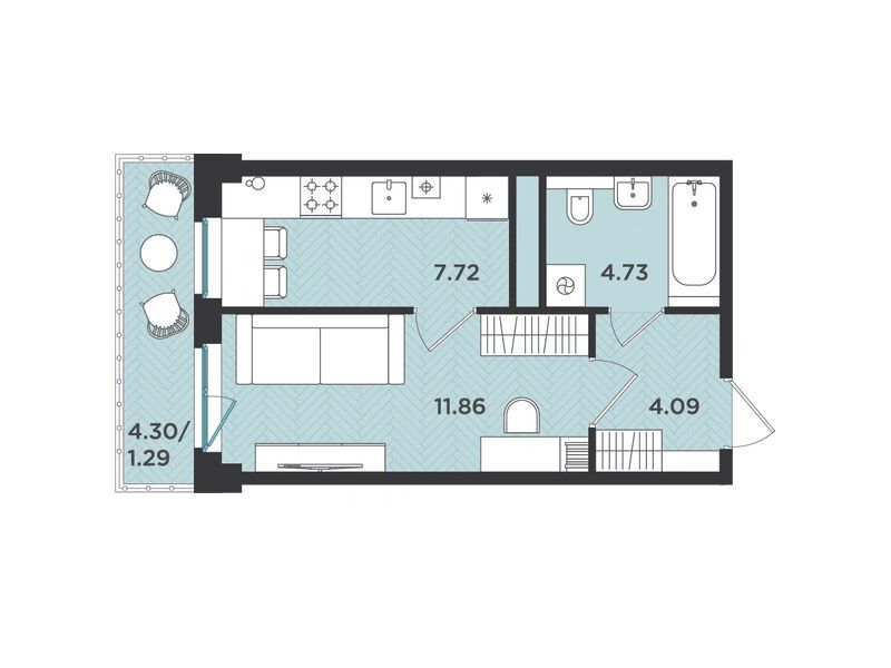 Планировка: 1-комн. квартира 29.69 м² в новостройке Новокасимово