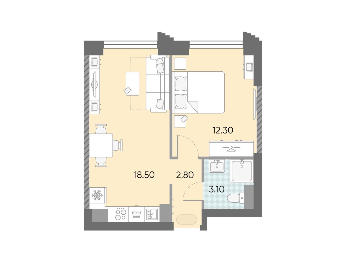Планировка: 1-комн. квартира 36.70 м² в новостройке Обручева 30