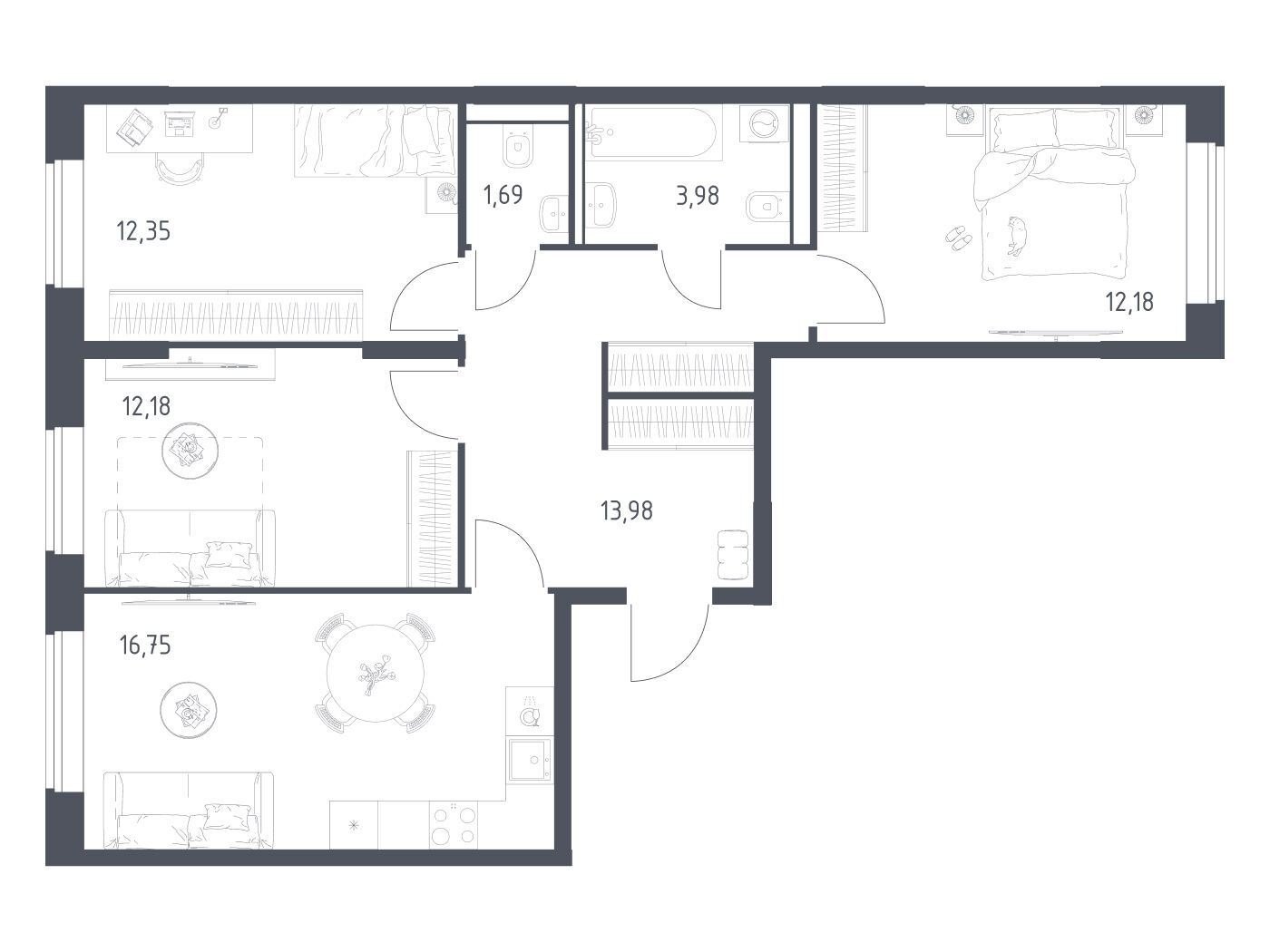 Планировка: 3-комн. квартира 73.11 м² в новостройке Квартал Домашний
