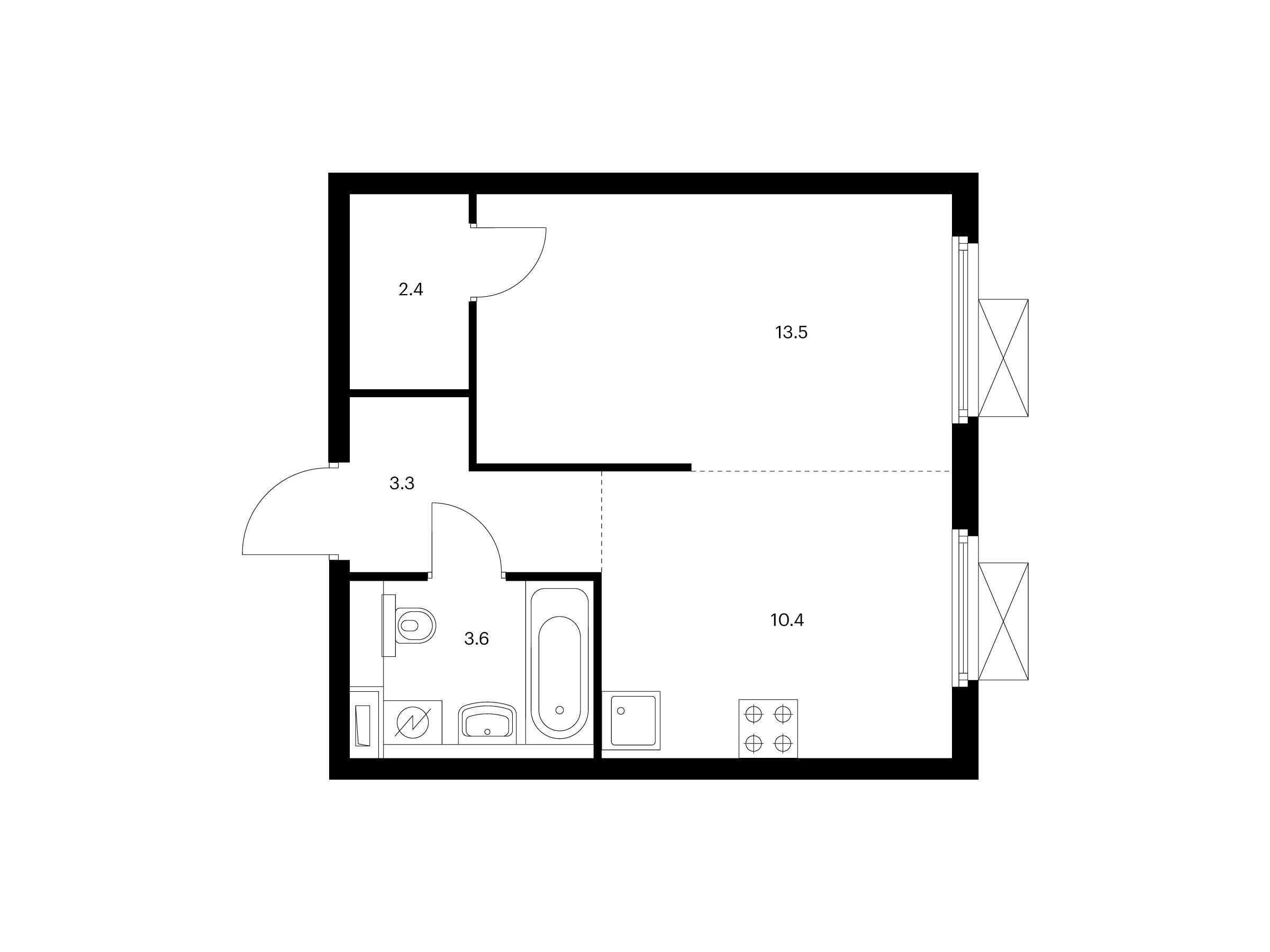 Планировка: 1-комн. квартира 33.20 м² в новостройке Первый Дубровский