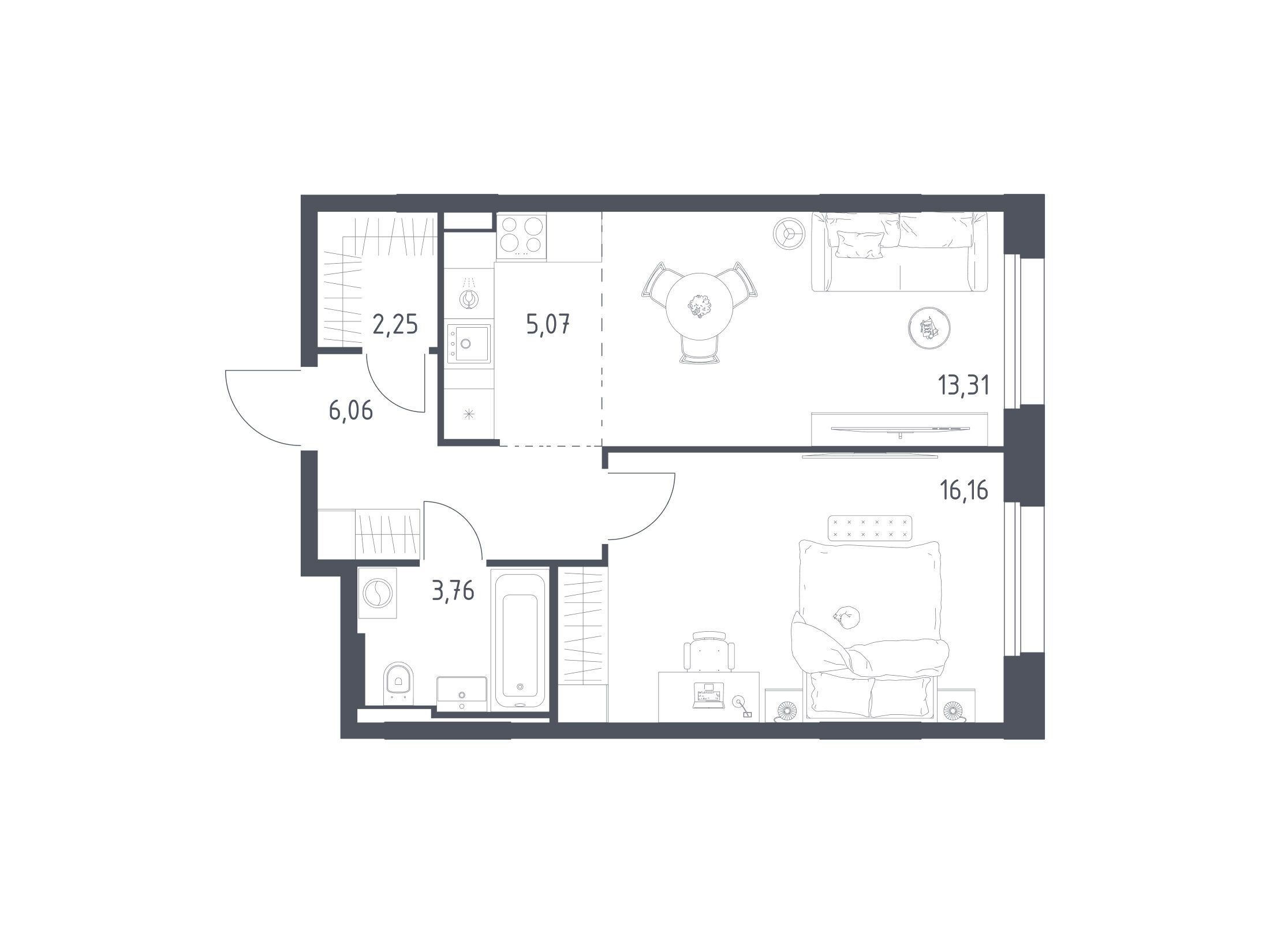 Планировка: 1-комн. квартира 46.61 м² в новостройке Заречье Парк