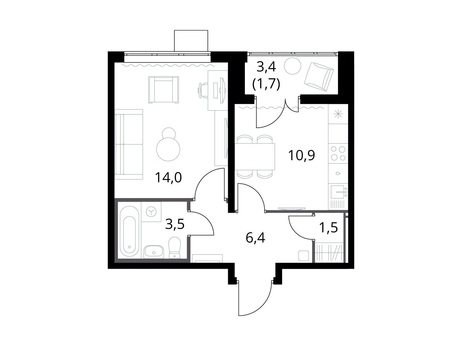 Планировка: 1-комн. квартира 38.00 м² в новостройке 1-й Южный