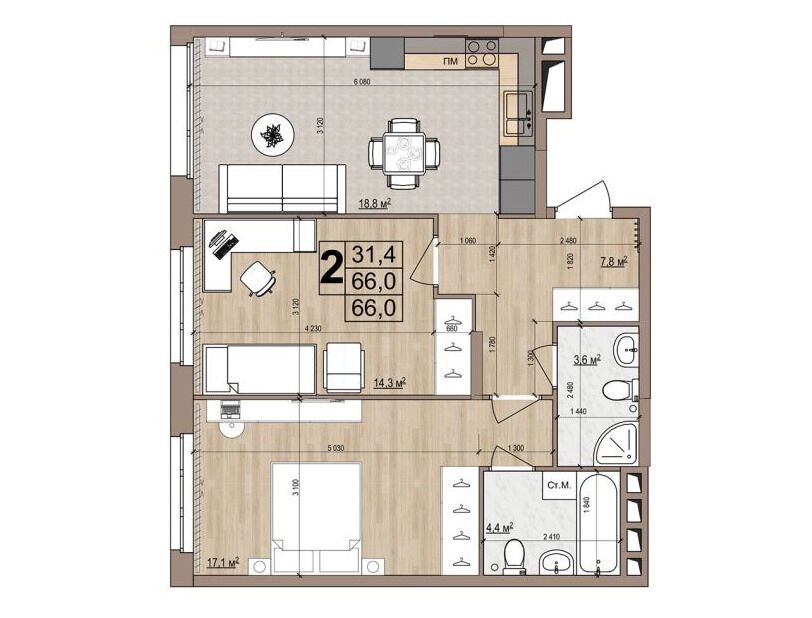 Планировка: 2-комн. квартира 66.00 м² в новостройке Гранд Комфорт