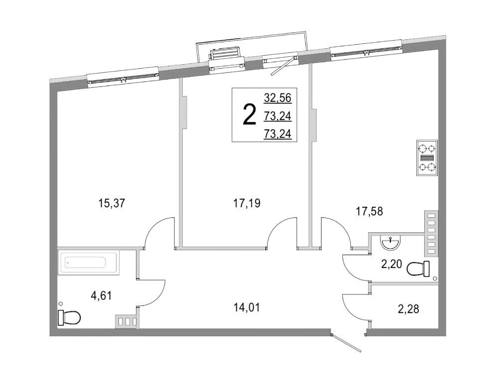 Планировка: 2-комн. квартира 73.00 м² в новостройке Эльйон