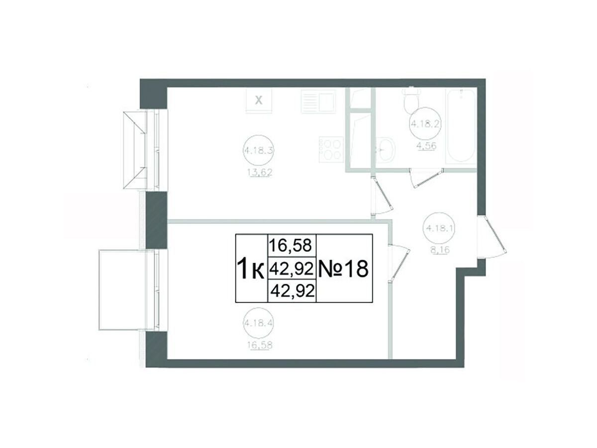 Планировка: 1-комн. квартира 42.92 м² в новостройке Авиатор-2