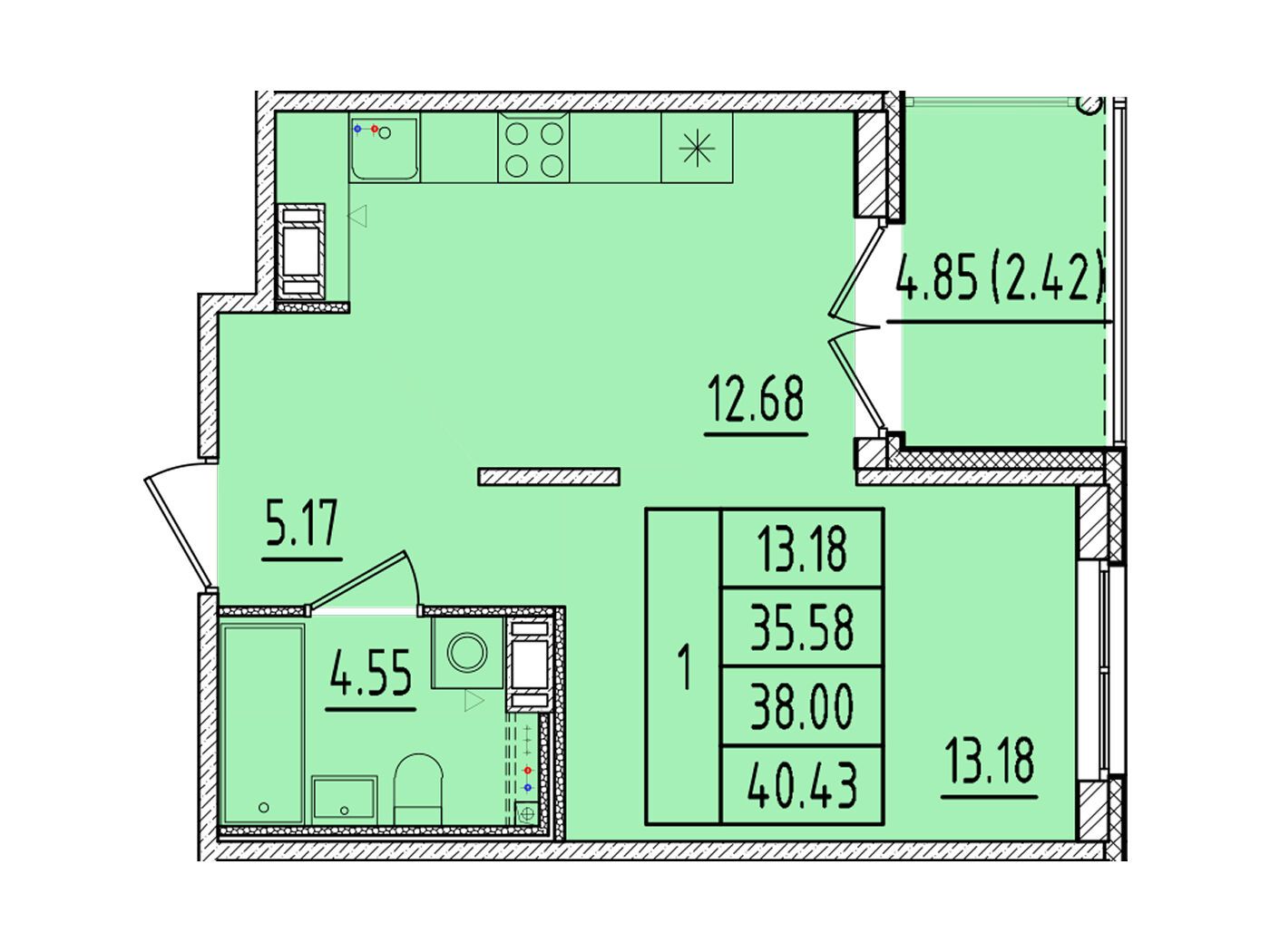 Планировка: 1-комн. квартира 35.58 м² в новостройке Образцовый квартал 17