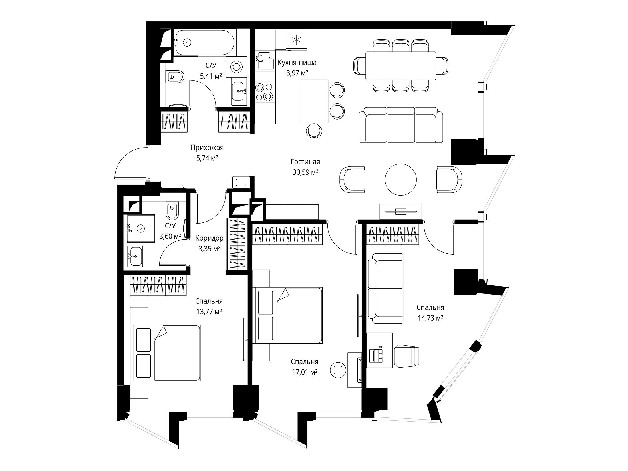 Планировка: 3-комн. квартира 98.30 м² в новостройке ЖК Феймос