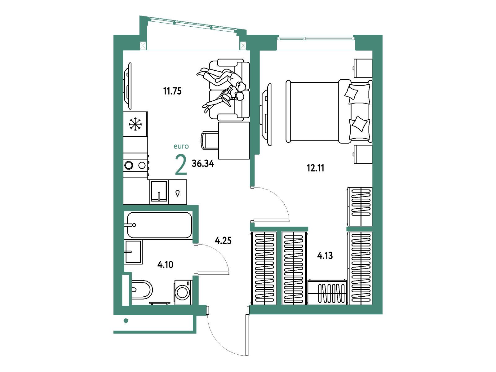 Планировка: 2-комн. квартира 36.34 м² в новостройке Страна Парковая