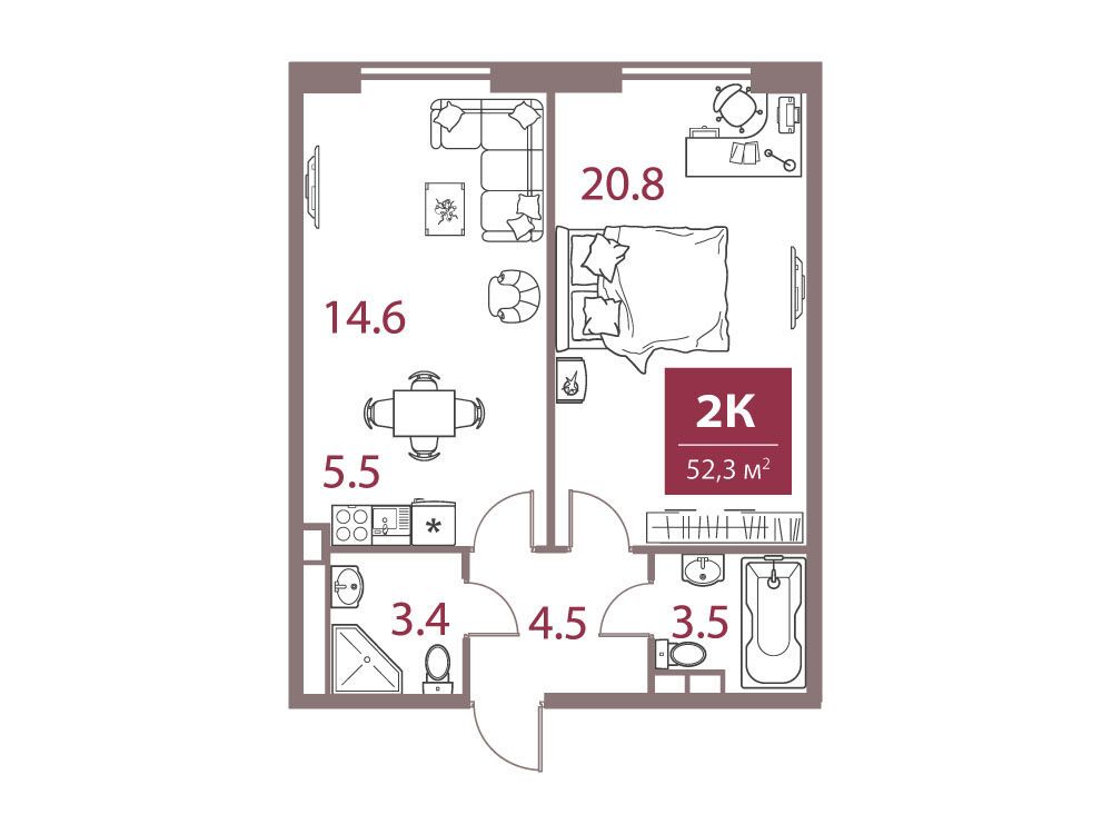 Планировка: 2-комн. квартира 52.30 м² в новостройке ЖК Легаси