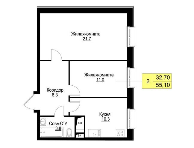 Планировка: 2-комн. квартира 55.10 м² в новостройке Корица