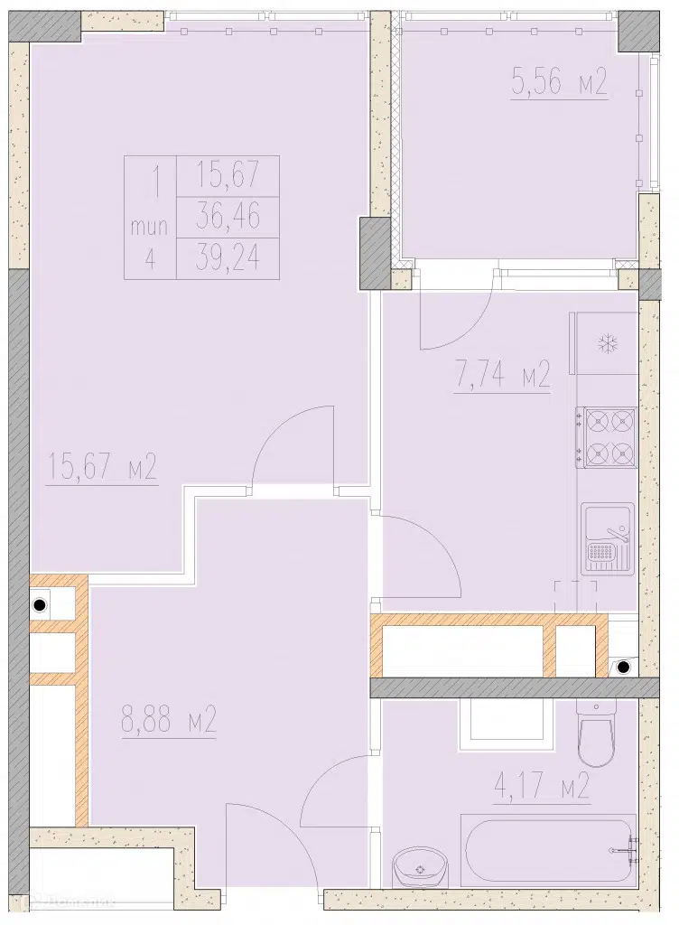 Планировка: 1-комн. квартира 39.24 м² в новостройке Агой-парк