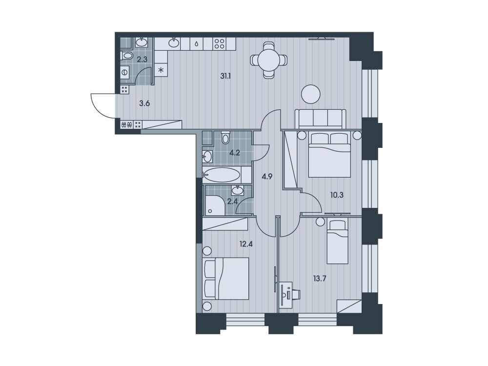 Планировка: 4-комн. квартира 85.00 м² в новостройке Эвер