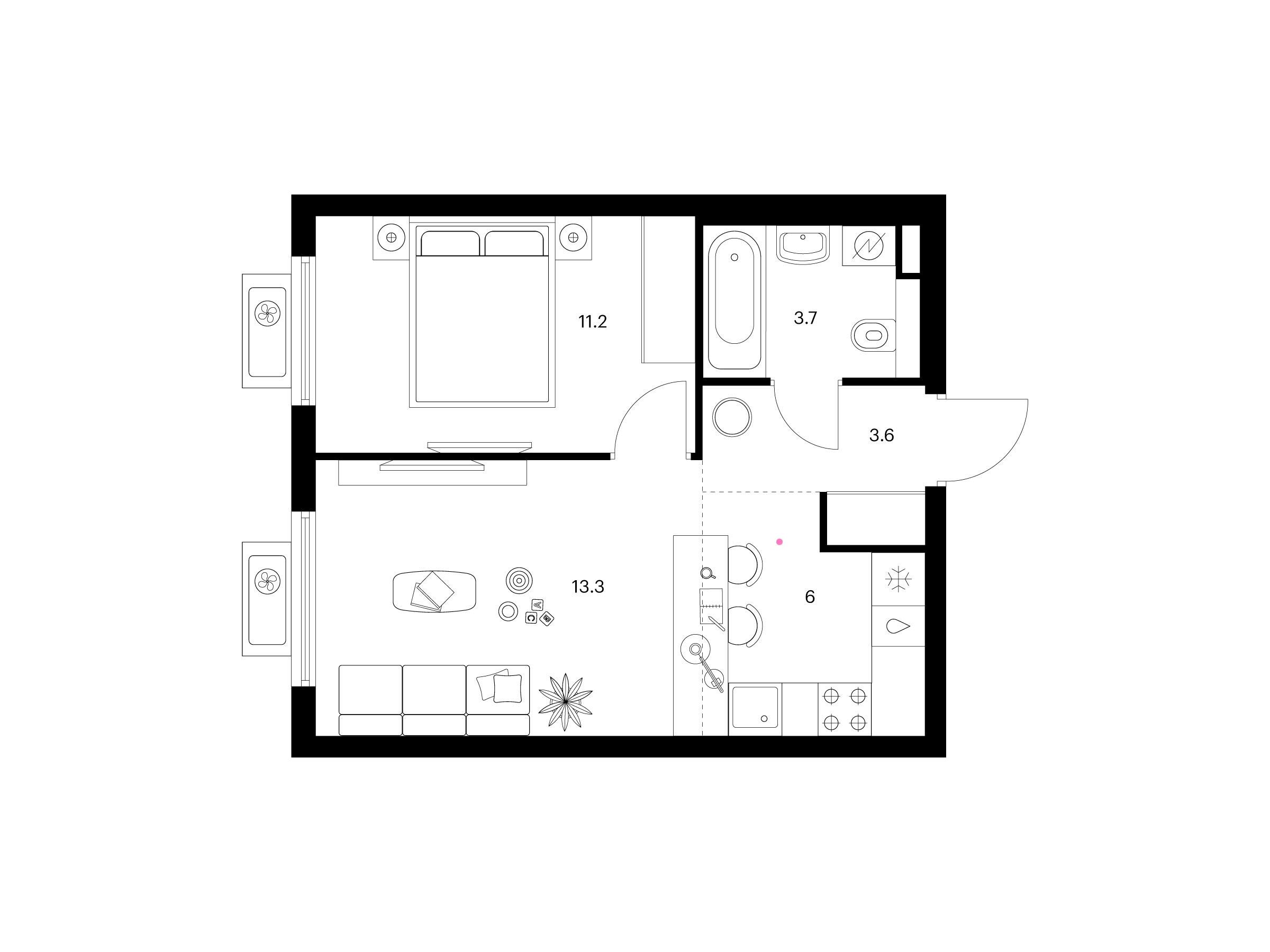 Планировка: 1-комн. квартира 37.80 м² в новостройке Белая Дача парк