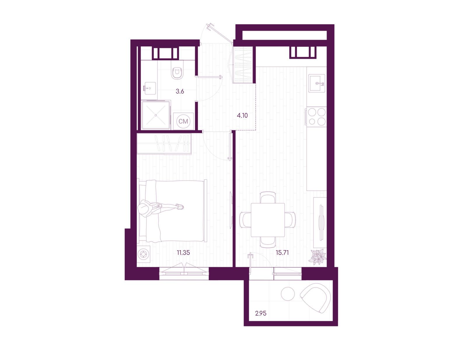 Планировка: 1-комн. квартира 35.66 м² в новостройке Дубровка.Парк