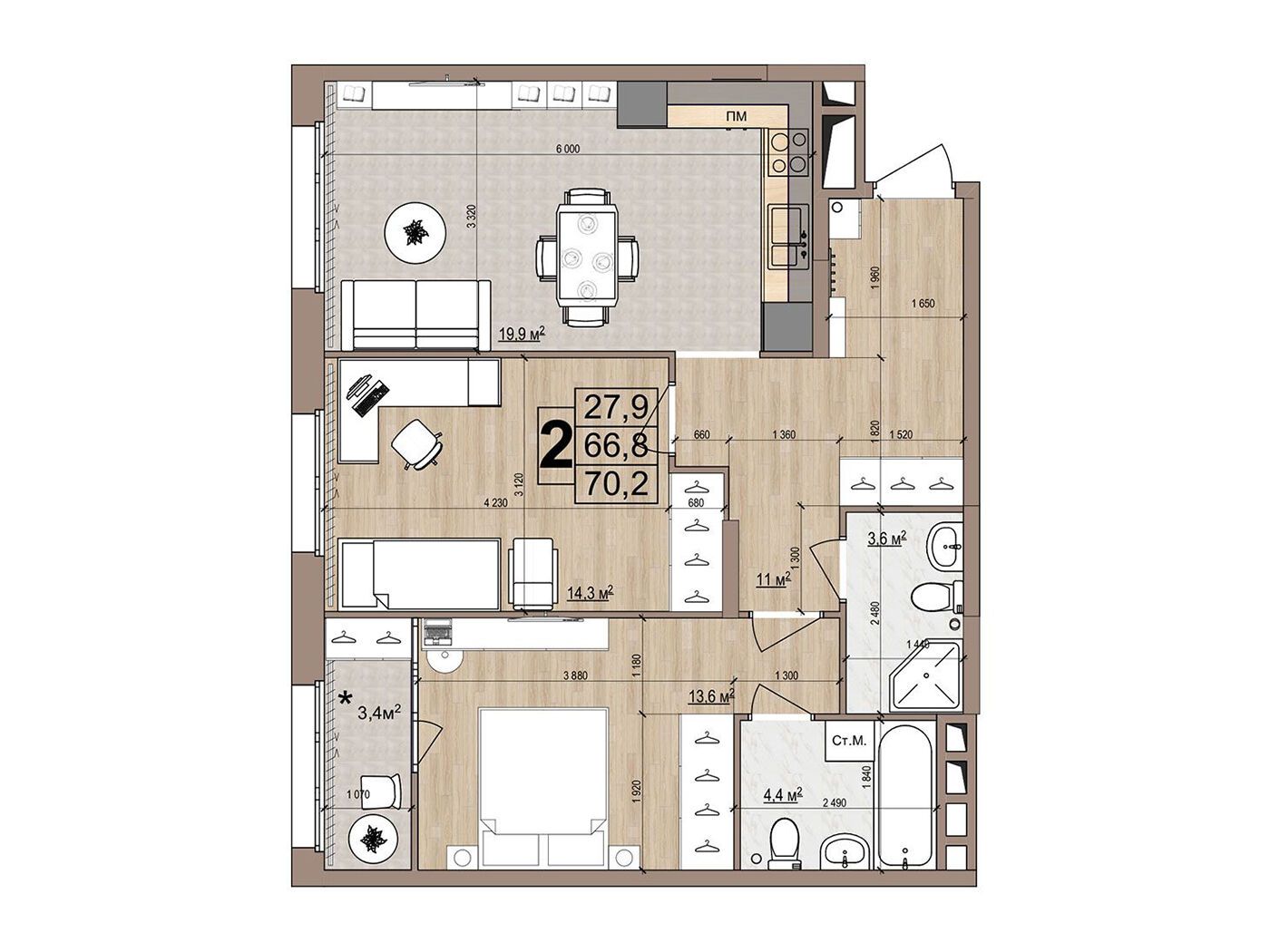 Планировка: 2-комн. квартира 70.20 м² в новостройке Гранд Комфорт