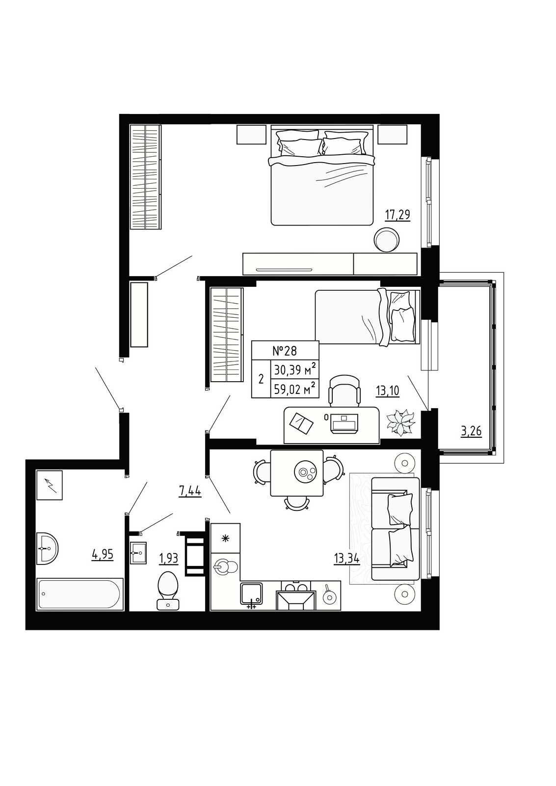 Планировка: 2-комн. квартира 59.02 м² в новостройке Аннино Сити