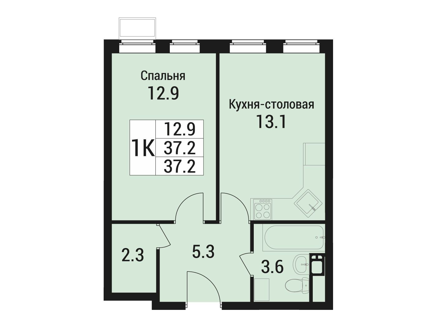 Планировка: 1-комн. квартира 37.20 м² в новостройке Дом в Малаховке