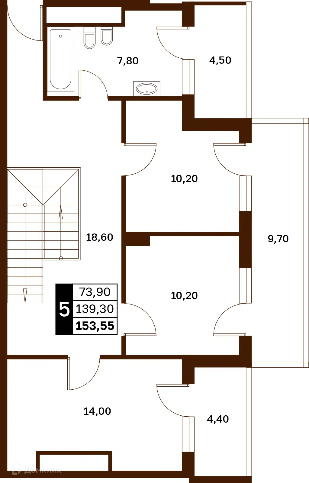 Планировка: 5-комн. квартира 153.55 м² в новостройке Аксис Патриот