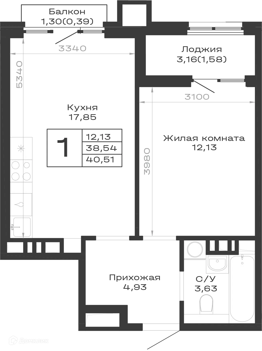 Планировка: 1-комн. квартира 40.51 м² в новостройке Суворов
