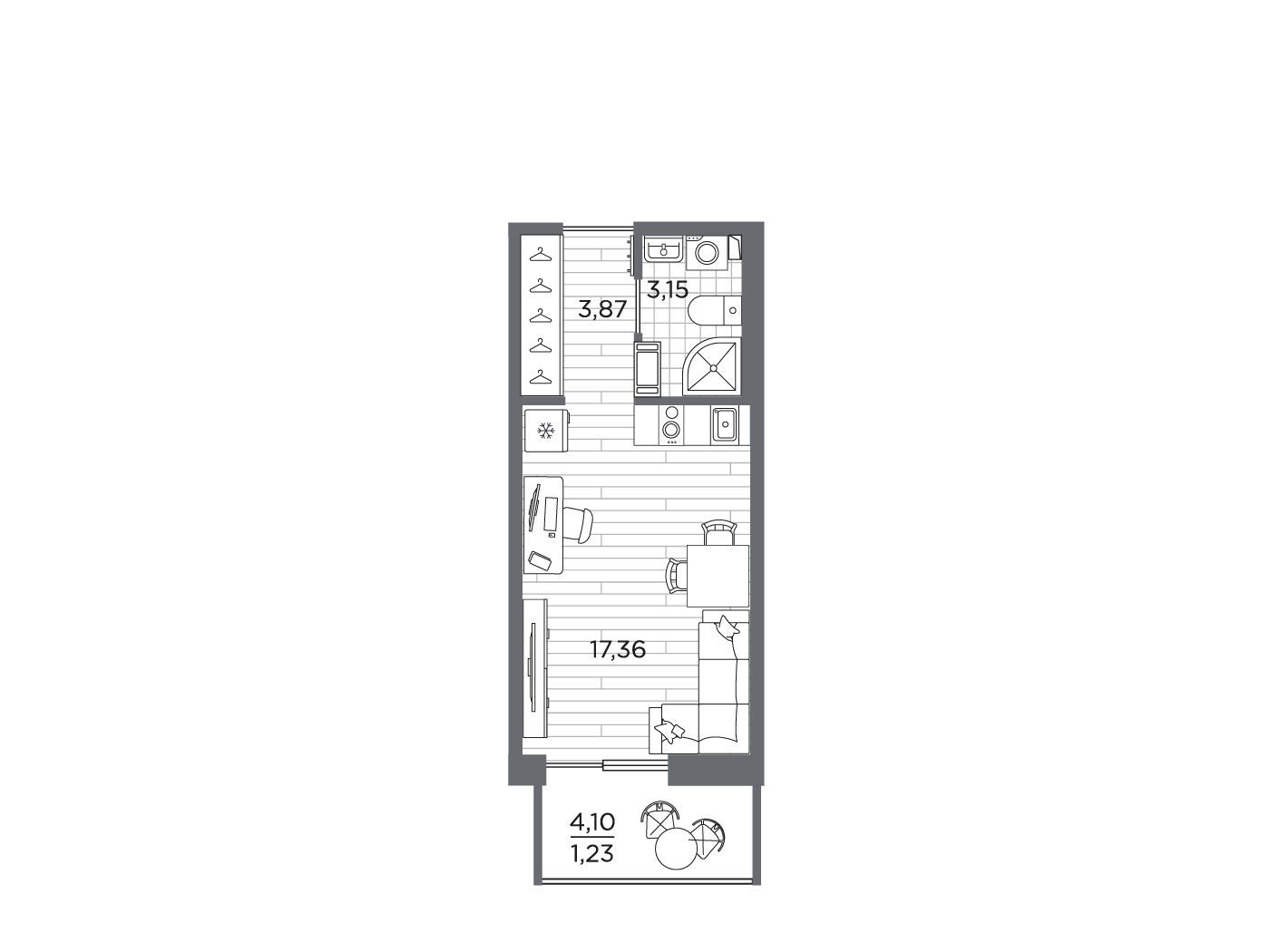 Планировка: Студия 25.61 м² в новостройке Сезоны
