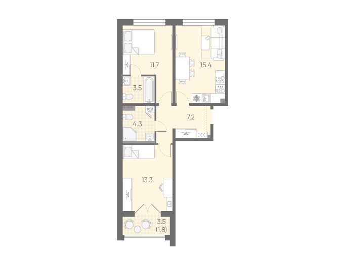 Планировка: 2-комн. квартира 57.20 м² в новостройке Пулково Лайк