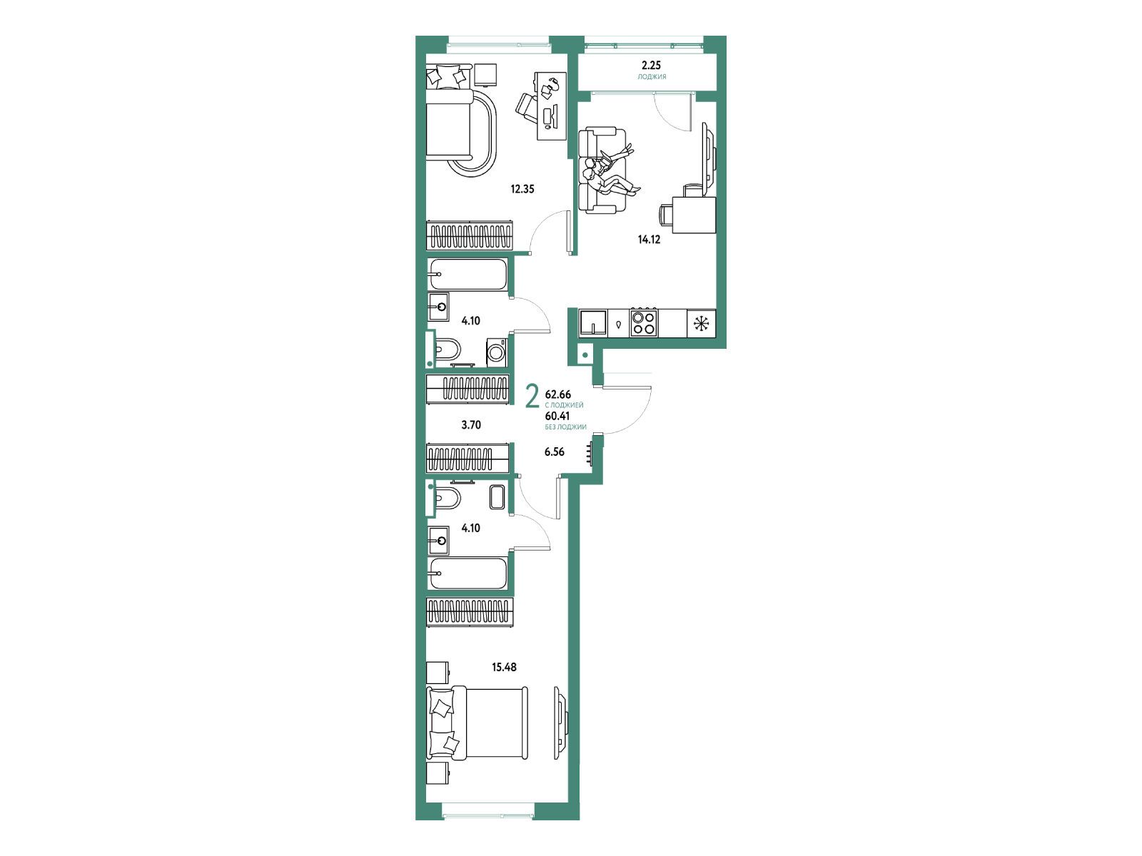 Планировка: 2-комн. квартира 62.66 м² в новостройке Страна Парковая