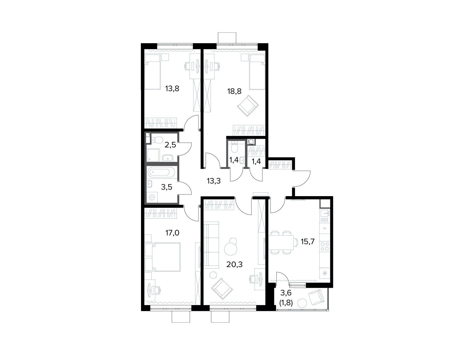 Планировка: 4-комн. квартира 109.50 м² в новостройке 1-й Донской