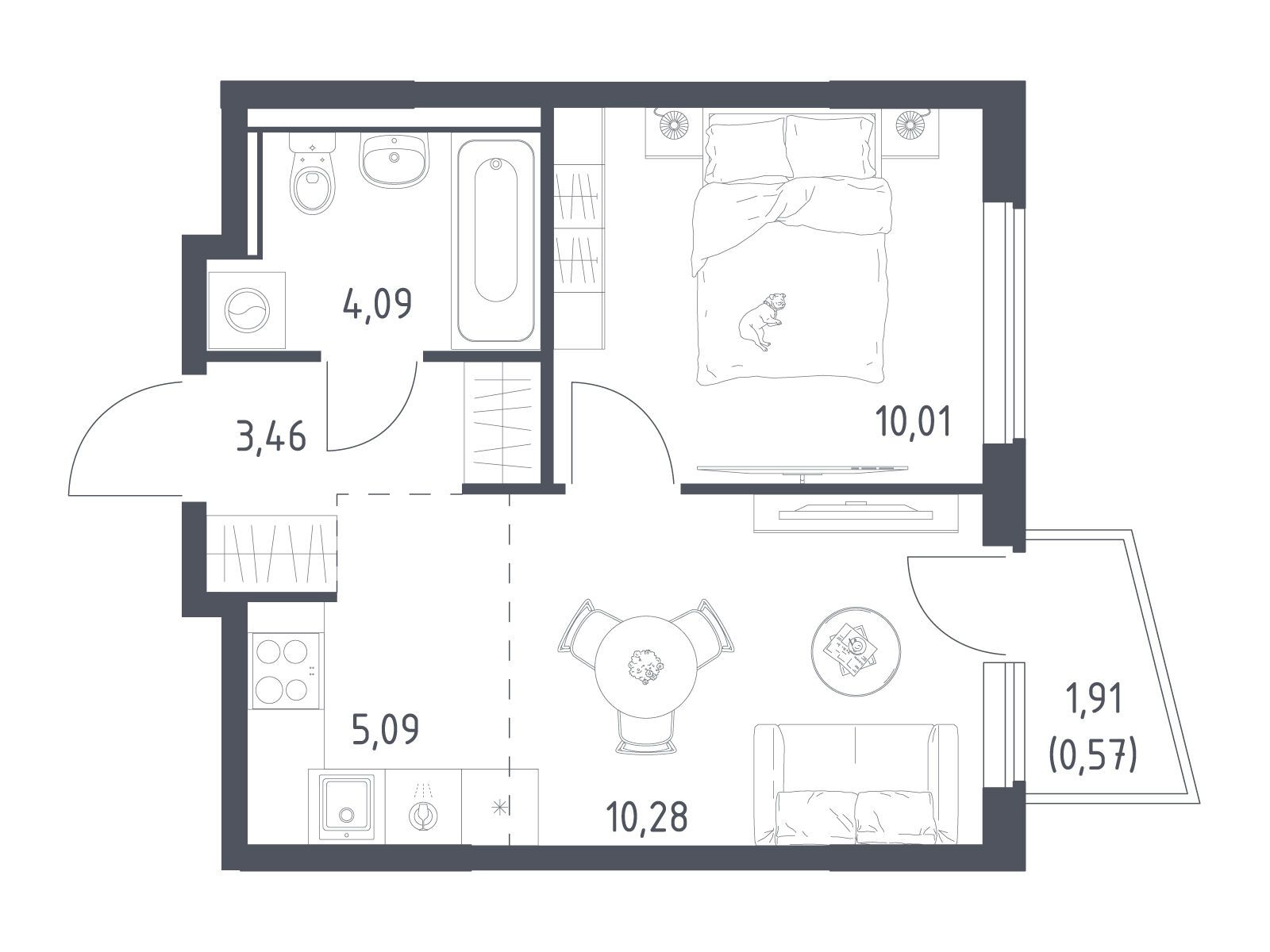 Планировка: 2-комн. квартира 33.50 м² в новостройке Егорово Парк