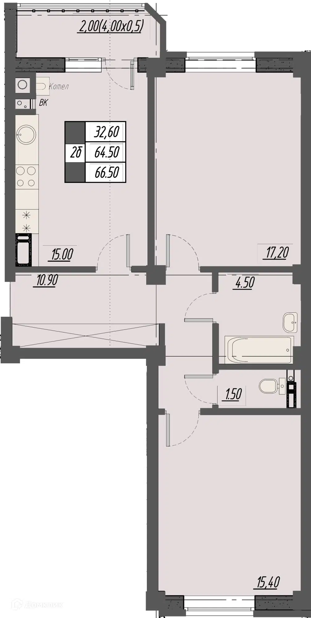 Планировка: 2-комн. квартира 65.30 м² в новостройке Курортный