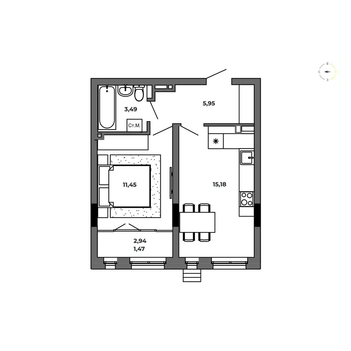 Планировка: 1-комн. квартира 37.54 м² в новостройке Красный Пахарь