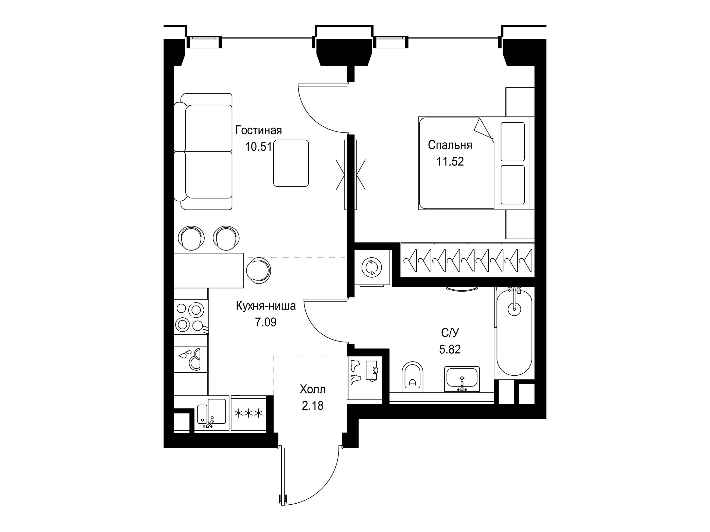Планировка: 1-комн. квартира 37.12 м² в новостройке Сет