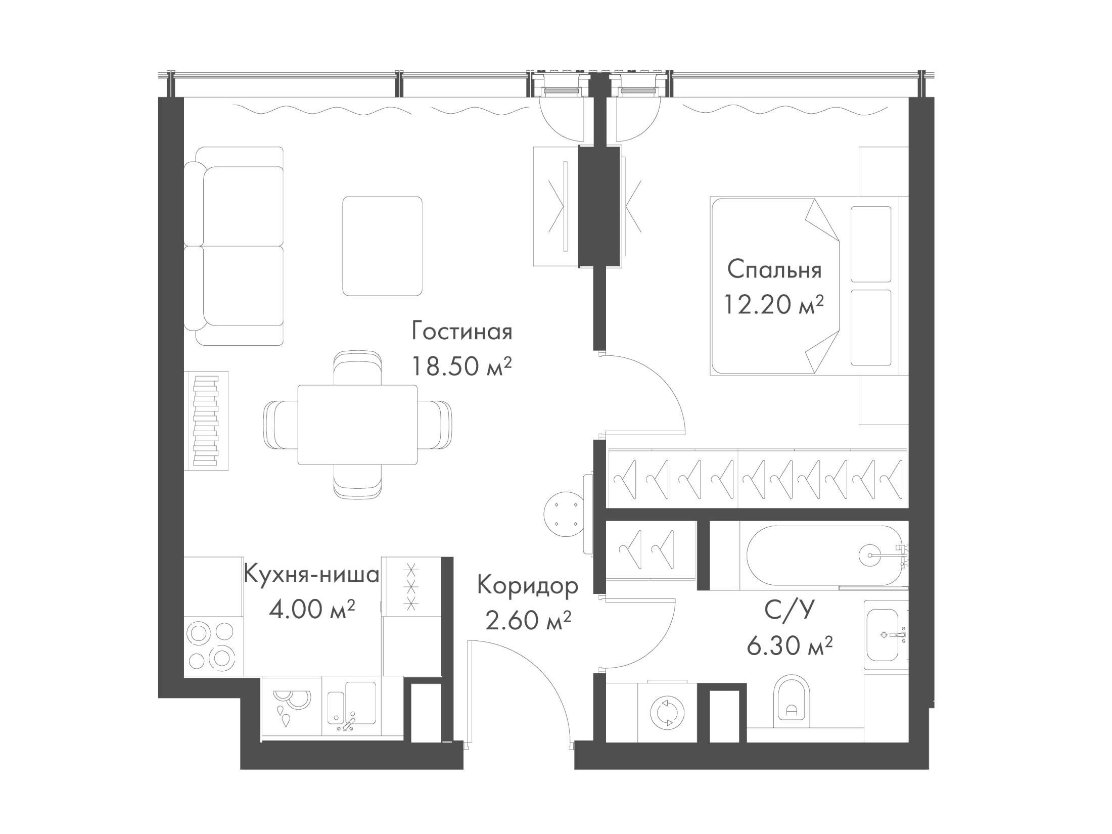 Планировка: 1-комн. квартира 43.60 м² в новостройке Слава