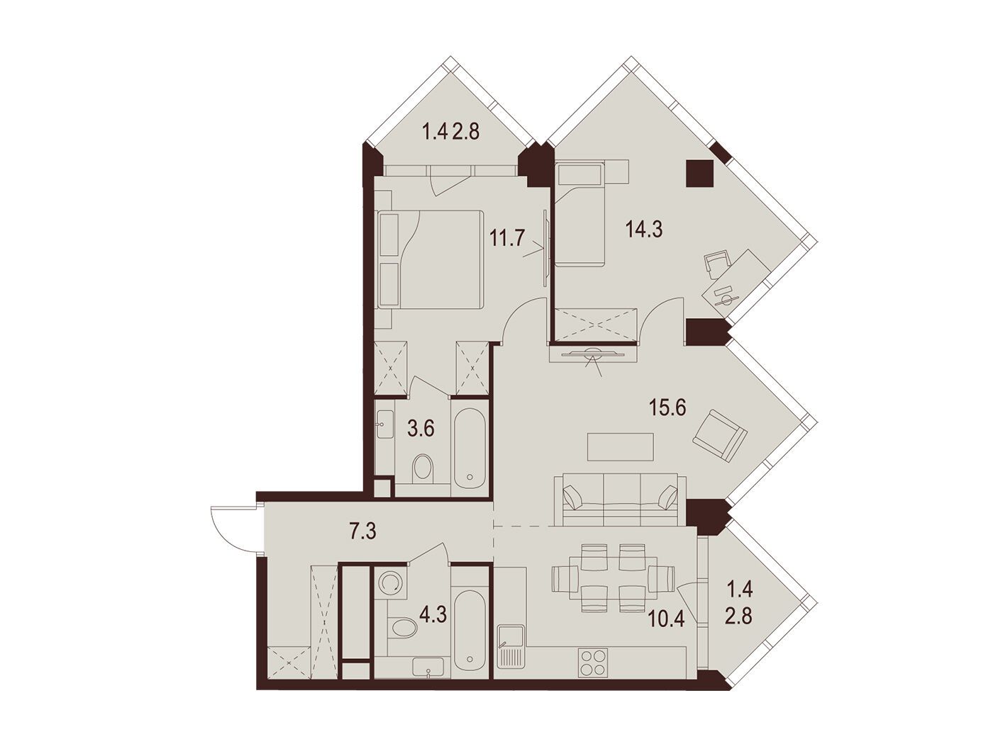 Планировка: 2-комн. квартира 70.00 м² в новостройке Инди Тауэрз