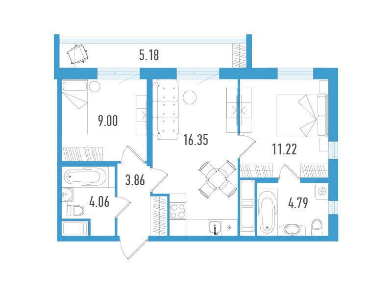 Планировка: 2-комн. квартира 50.83 м² в новостройке Южный форт
