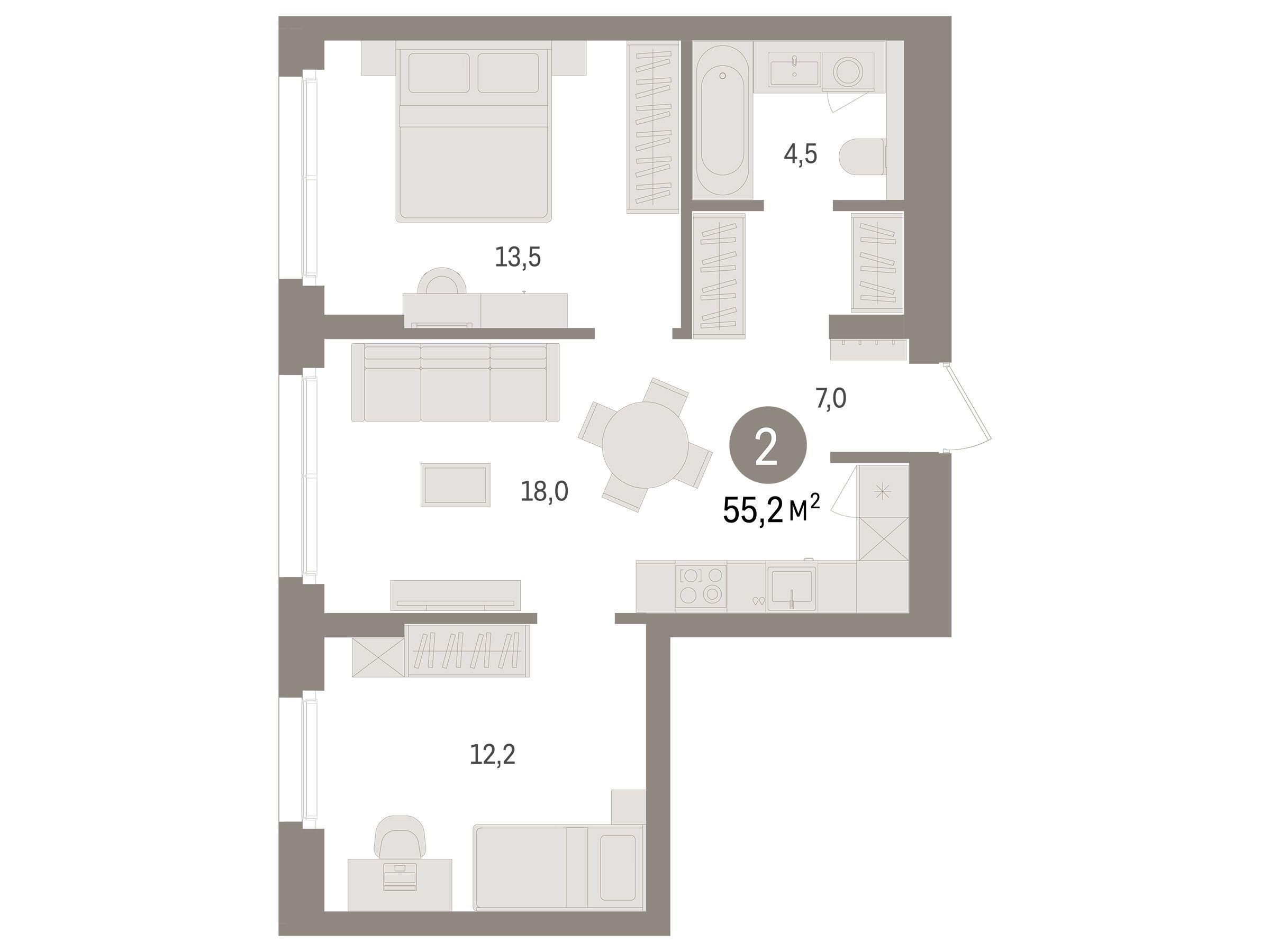 Планировка: 2-комн. квартира 55.20 м² в новостройке Брусника в Новоселье