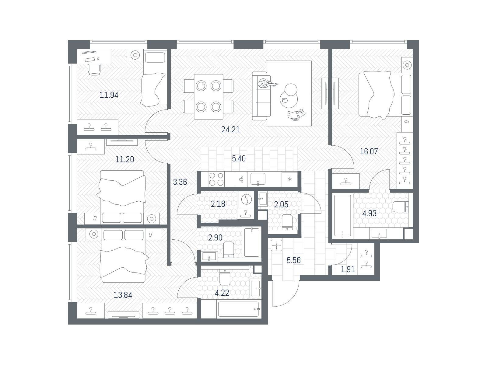 Планировка: 4-комн. квартира 109.77 м² в новостройке Тейт