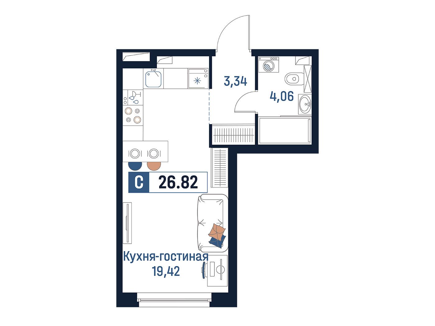 Планировка: Студия 26.82 м² в новостройке Максималист
