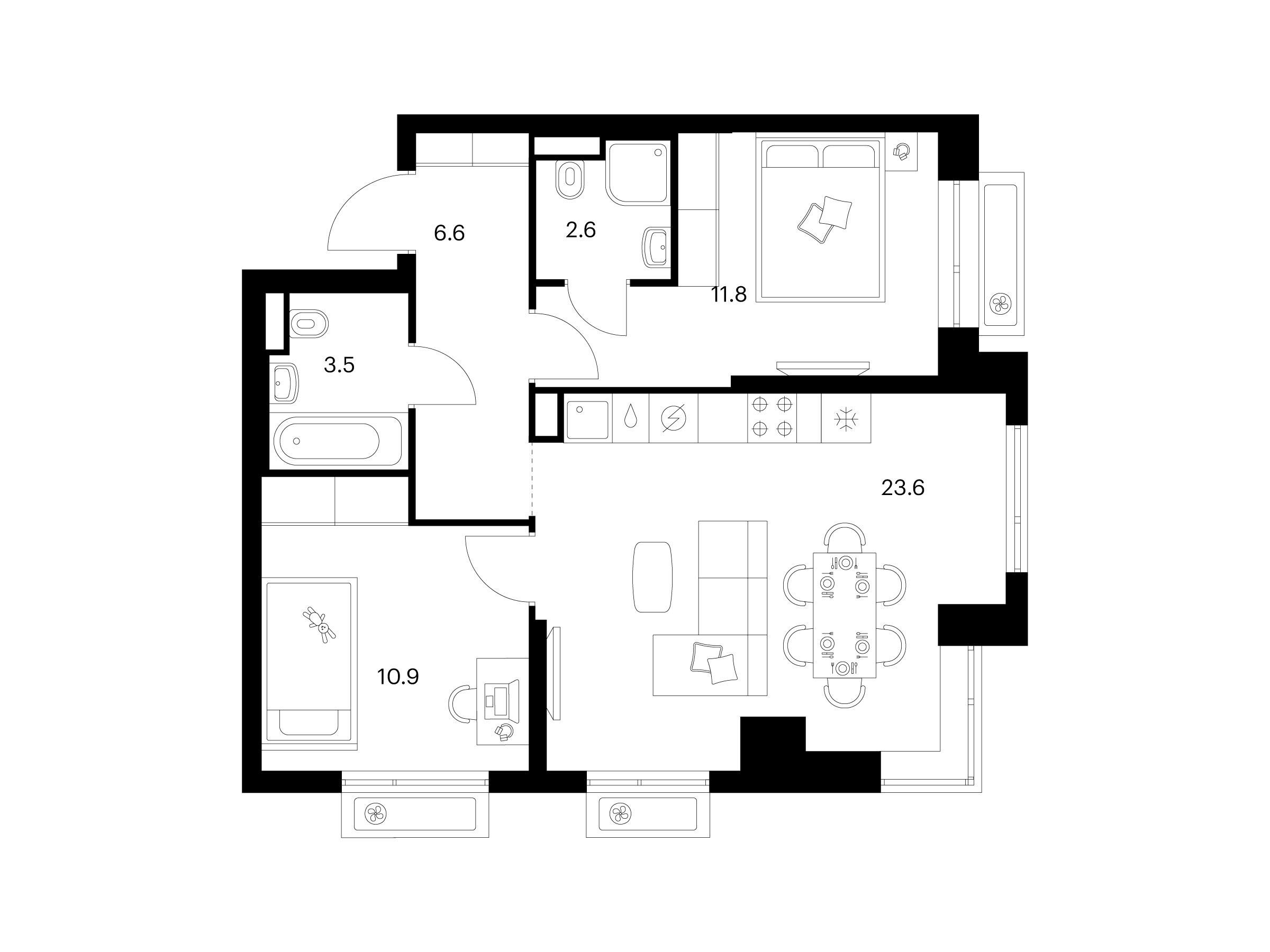 Планировка: 2-комн. квартира 59.00 м² в новостройке Середневский лес