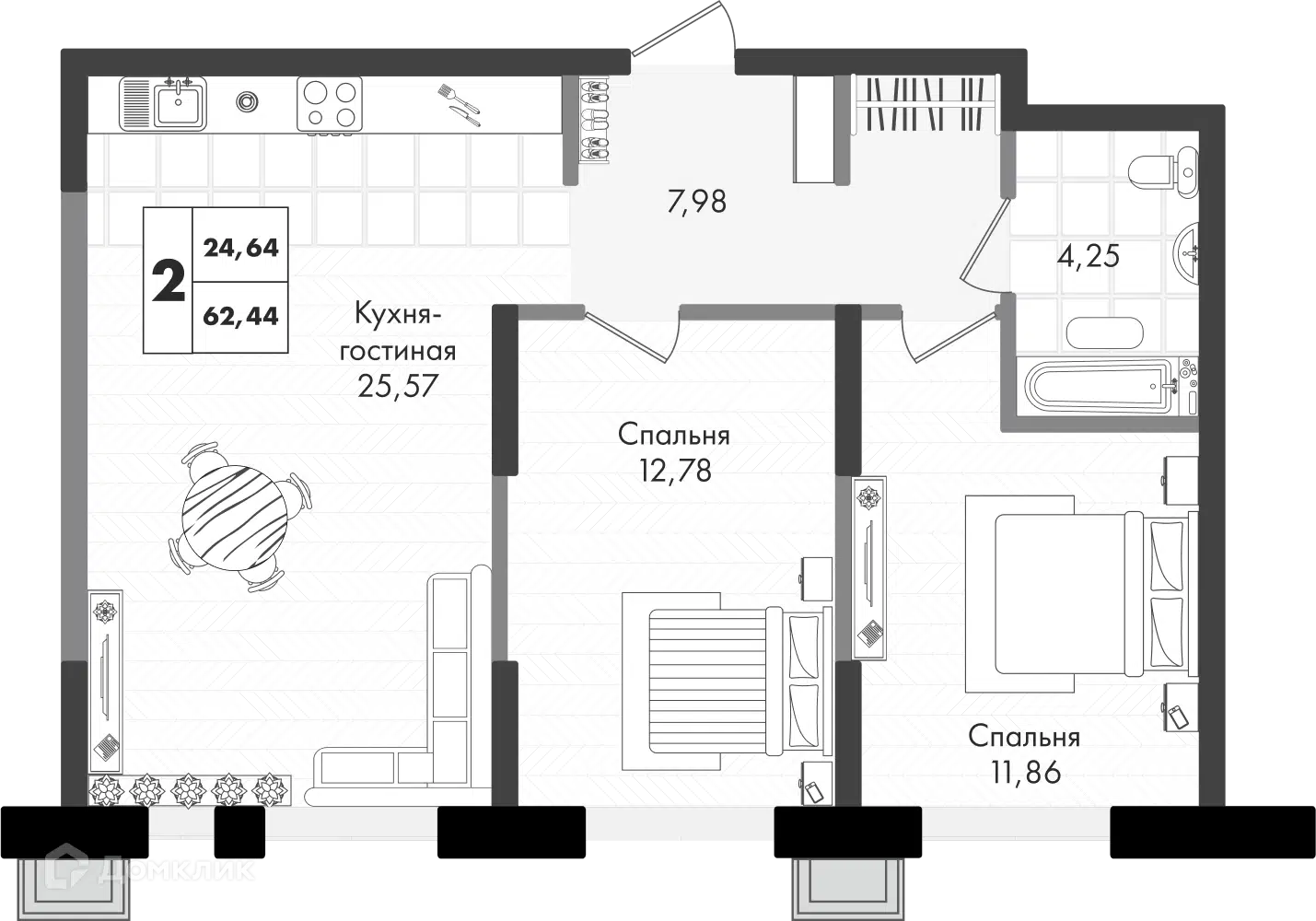 Планировка: 2-комн. квартира 62.44 м² в новостройке Зелёная территория
