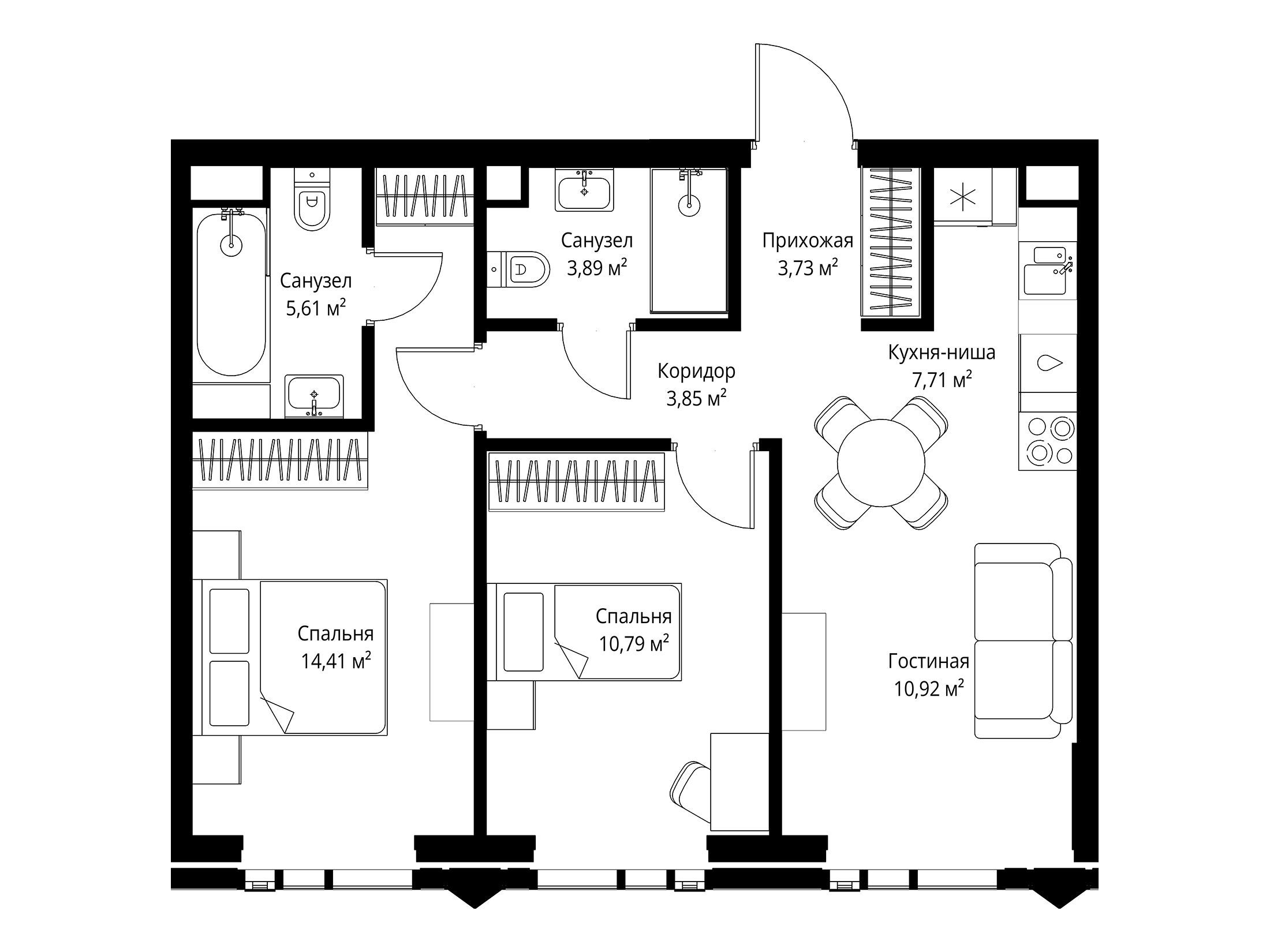 Планировка: 2-комн. квартира 60.91 м² в новостройке Джойс